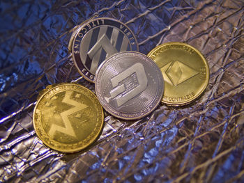 High angle view of coins