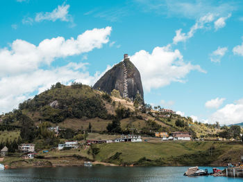 Scenic view of river by buildings against sky