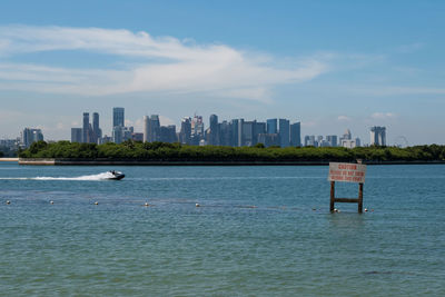 Scenic view of sea against buildings in city