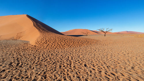 Sand dunes in desert against clear blue sky