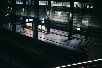 High angle view of illuminated railroad station at night