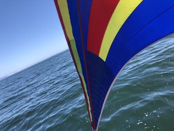 Multi colored umbrella against blue sky