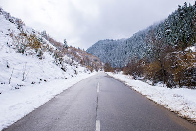 Road amidst snow covered trees against sky