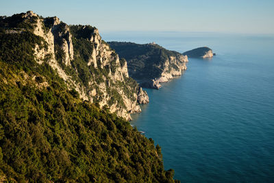 Rock formations by sea against sky