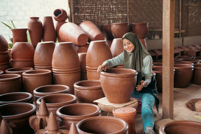 Close-up of pots for sale