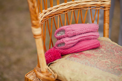 Close-up of knitted wool on chair