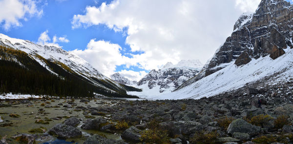 Scenic view of snowcapped mountains against sky