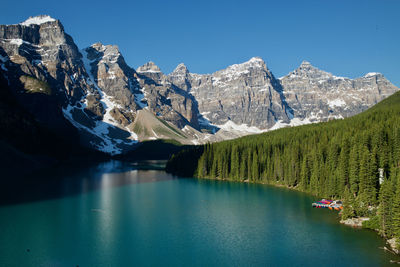 Scenic view of lake and mountains against clear sky
