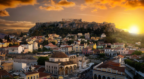 High angle view of townscape against sky at sunset