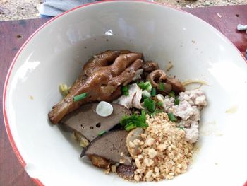 High angle view of breakfast served on table