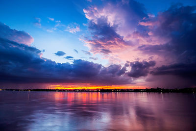 Scenic view of sea against dramatic sky during sunset