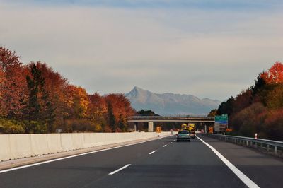 Road by trees against sky during autumn