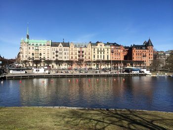 Panoramic view of old buildings against clear blue sky