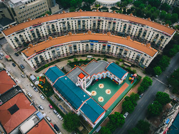 High angle view of buildings in city