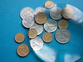 Close-up of coins on blue background