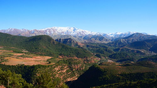 Scenic view of mountains against clear blue sky