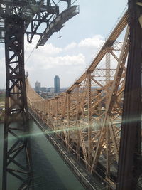 Bridge over river with city in background