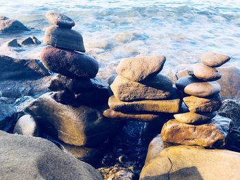 High angle view of stones on beach