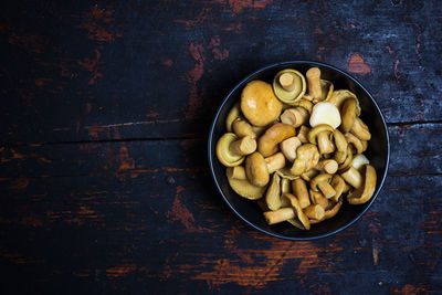 High angle view of fruits in plate on table