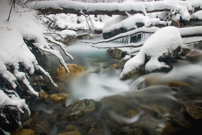 Stream flowing through snow covered land