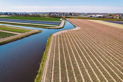 High angle view of agricultural field against sky