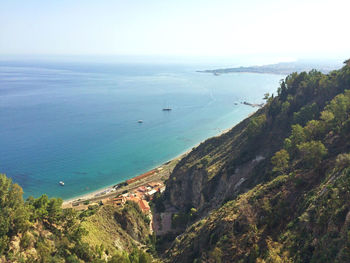 High angle view of bay against sky