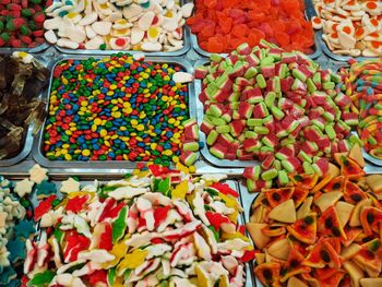 High angle view of multi colored vegetables for sale in market