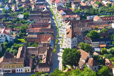 High angle view of buildings in town