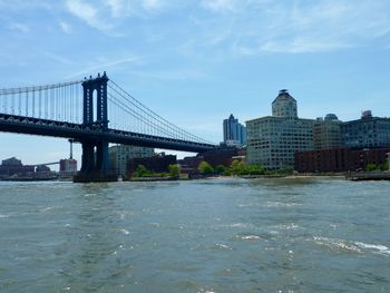 View of suspension bridge in city