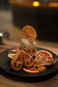 Close-up of dessert in plate on table