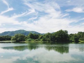 Scenic view of lake by trees against sky