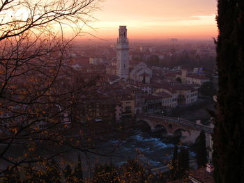 Aerial view of city against sky at sunset