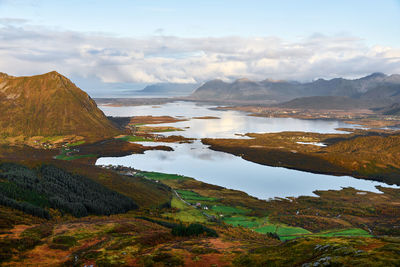Scenic view over the landscape and sea on lofoten islands in north norway