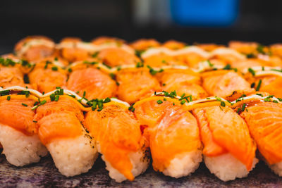 Close-up of sushi rolls on table