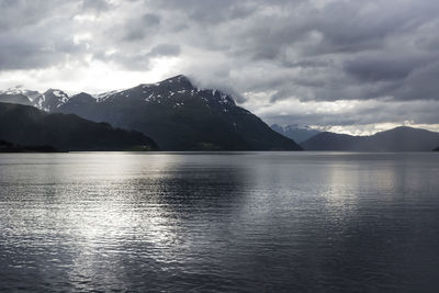 Scenic view of lake and mountains against sky