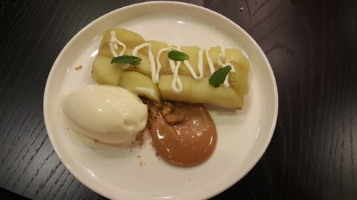 High angle view of food in plate on table