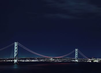 Suspension bridge over river at night