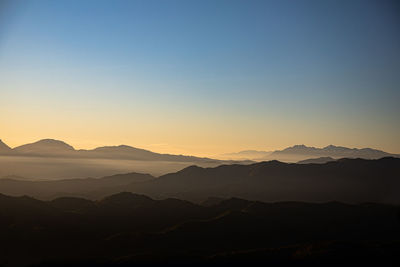 Scenic view of silhouette mountains against sky during sunset