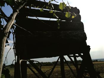 Low angle view of old barn on field against sky