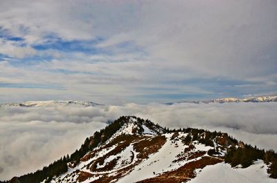 Scenic view of mountains against cloudy sky