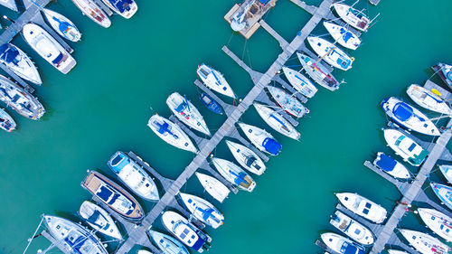 High angle view of boats moored in water