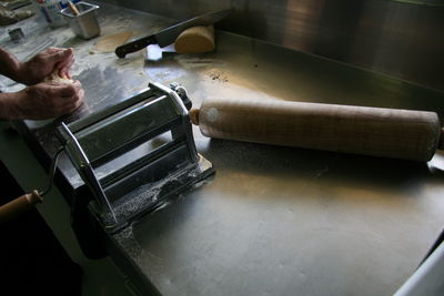 High angle view of person preparing food on table