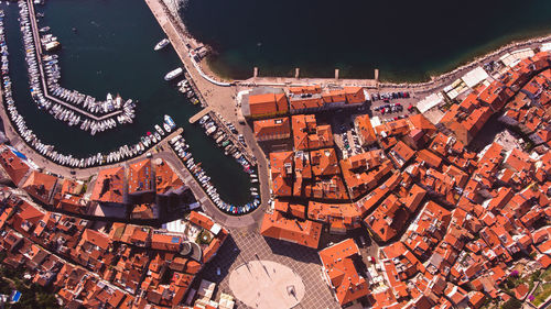 High angle view of illuminated buildings in city