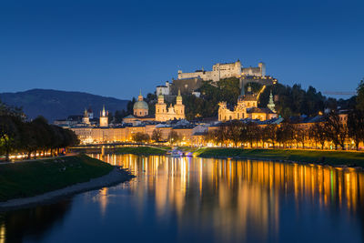 Buildings by river against clear blue sky at night