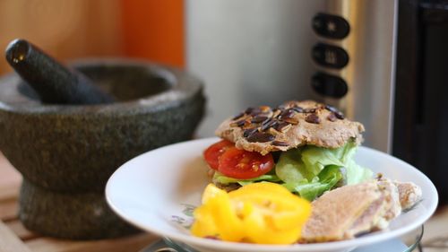 Close-up of food in plate on table