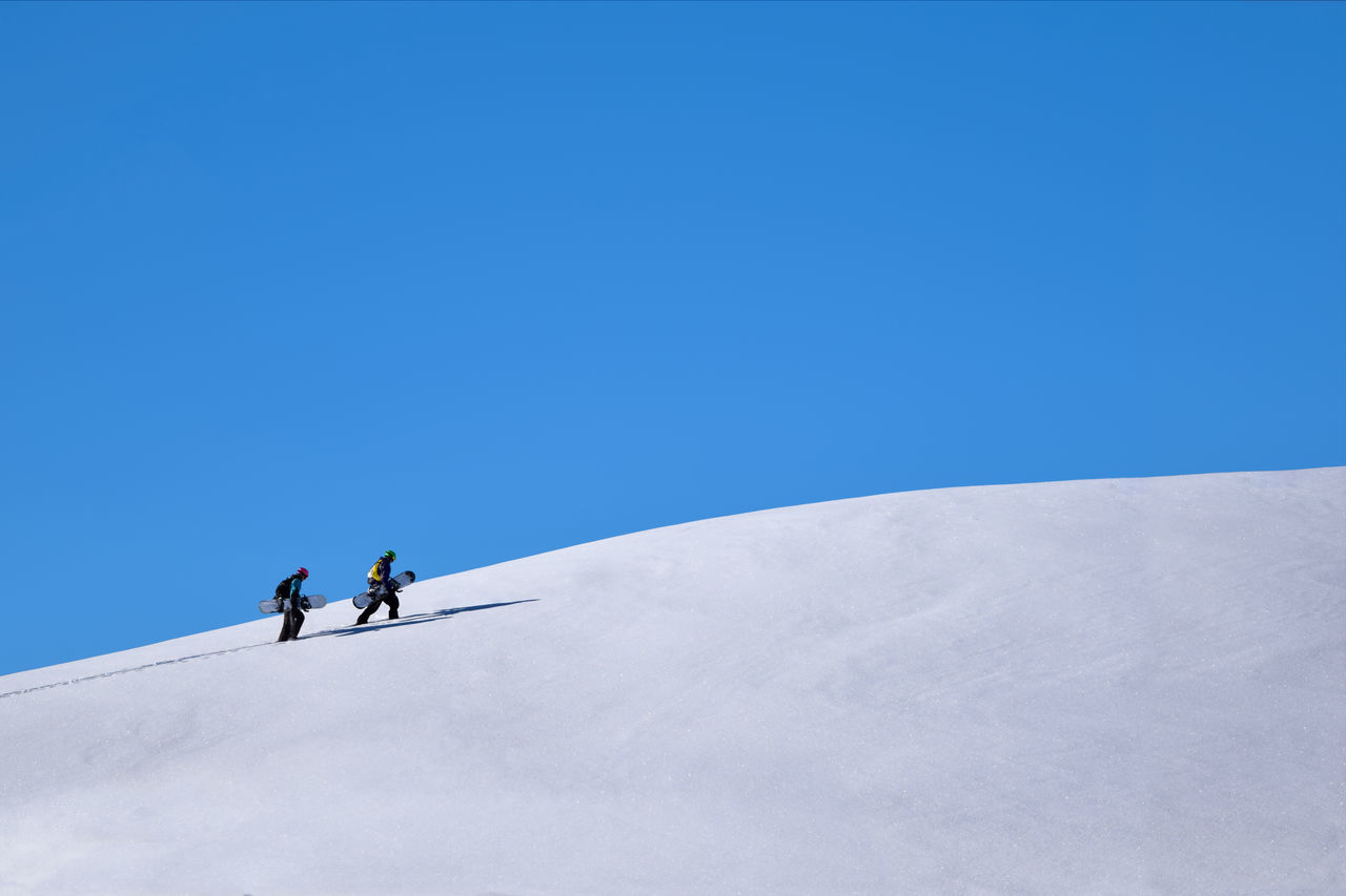 blue, copy space, real people, sport, sky, snow, cold temperature, adventure, men, leisure activity, lifestyles, nature, day, winter, clear sky, scenics - nature, winter sport, activity, people, outdoors, snowcapped mountain