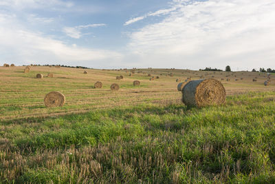 Hay bales on field against sky