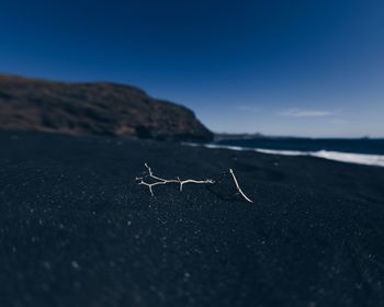 Surface level of land on beach against sky