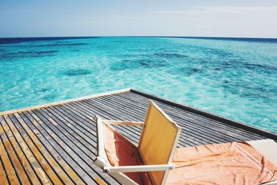 High angle view of deck chair