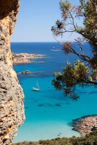 Scenic view of sea against clear blue sky